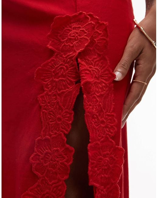 TOPSHOP Red Floral Cutwork Midi Skirt With Split