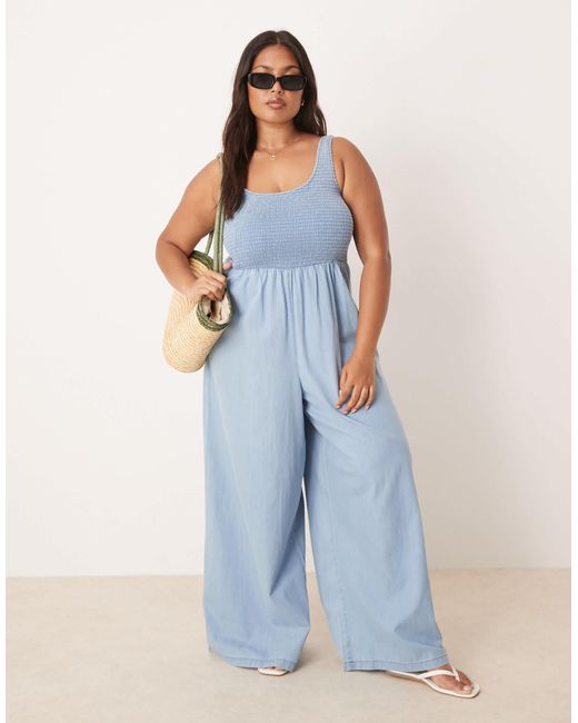 ASOS Blue Asos Design Curve Soft Denim Wide Leg Jumpsuit With Shirred Body