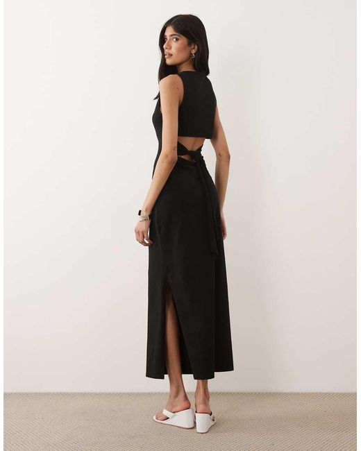 ASOS Natural Slash Neck Tie Back Midaxi Dress With Side Split