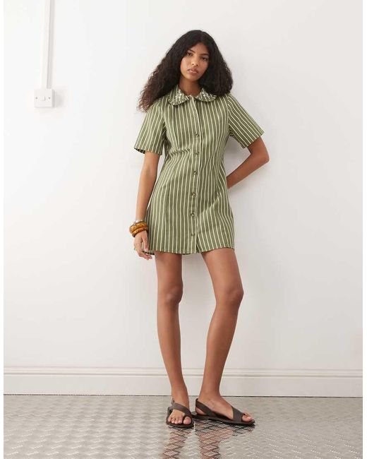 Reclaimed Vintage Green Denim Shirt Dress With Embroidered Collar