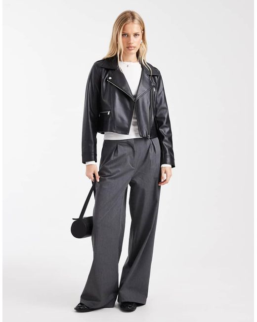 ONLY Blue Faux Leather Boxy Biker Jacket