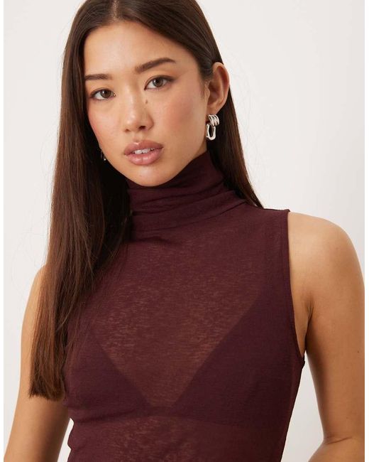 ASOS Red Gauzy Sheer Mesh Turtle Neck Sleeveless Top