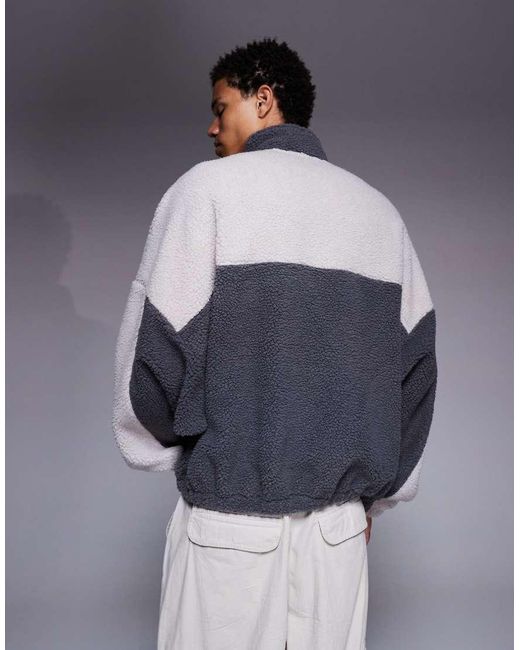 ASOS Blue Relaxed Funnel Neck Zip Through Borg Sweatshirt for men