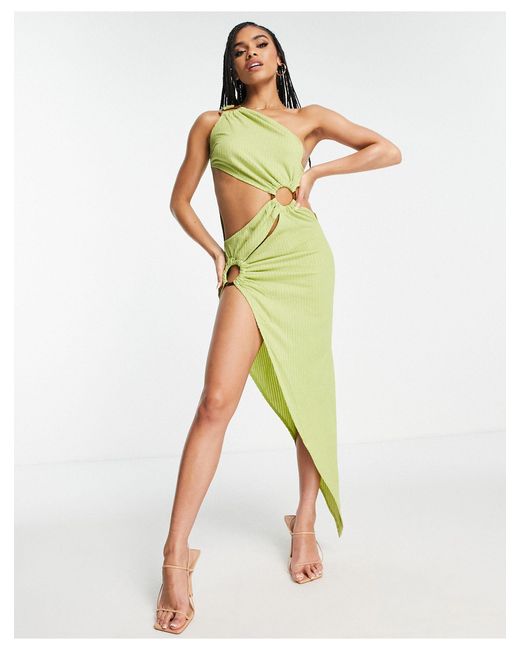 SIMMI Green Simmi One Shoulder Ring Detail Asymmetric Thigh Split Maxi Dress