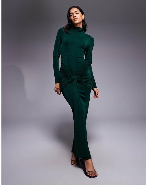ASOS Blue Long Sleeve Slinky With Sash And Tie Drape Detail And Open Back Maxi Dress