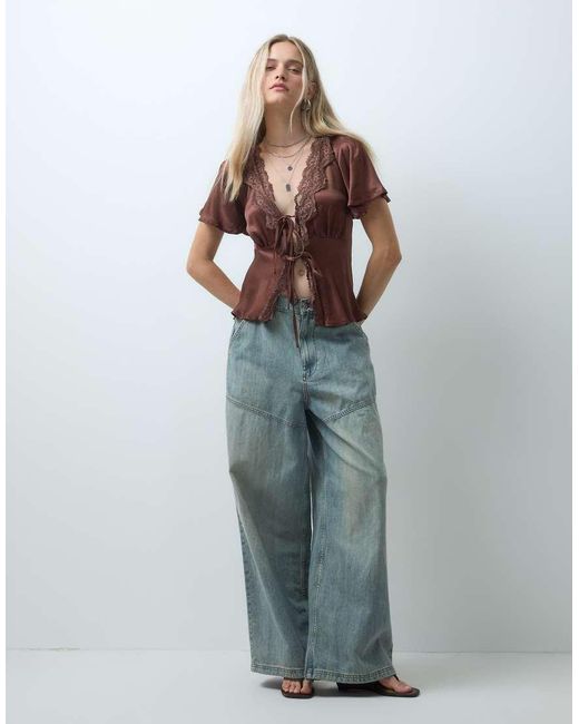 Reclaimed Vintage Brown Tie Front Top With Lace Trims