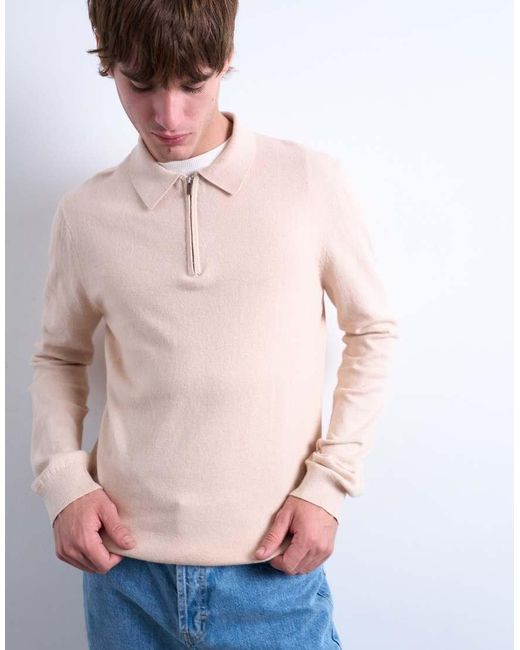 Topman Pink Essential Knitted Zip Polo for men