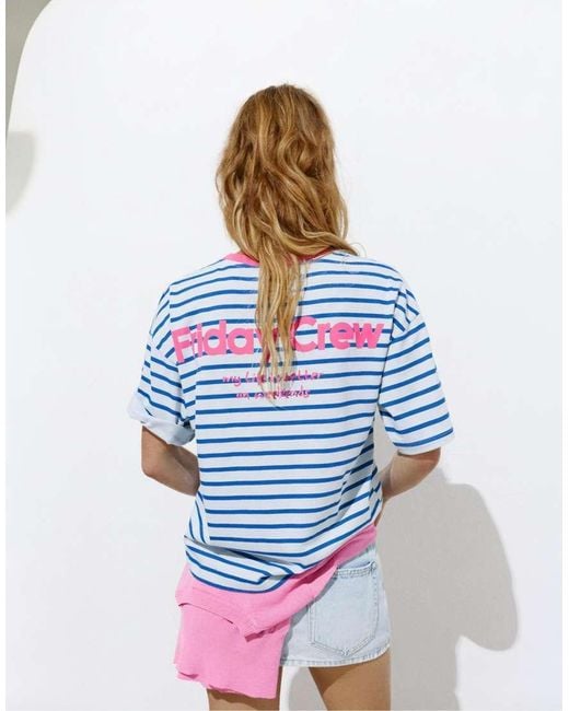 Pull&Bear White Striped Friday Crew T-shirt