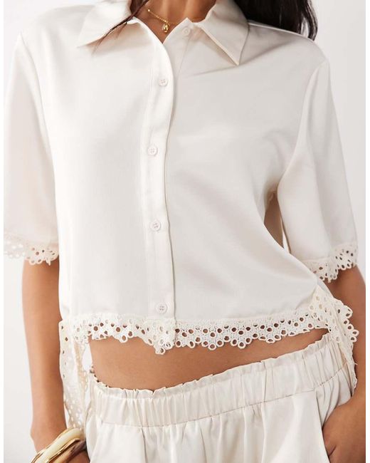 Noughts & Kisses Natural Satin Lace Trim Cropped Shirt
