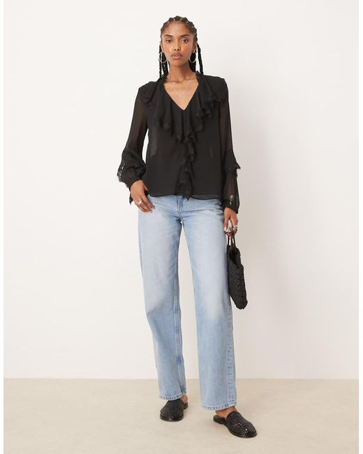 Glamorous Black Boho Ruffle Blouse