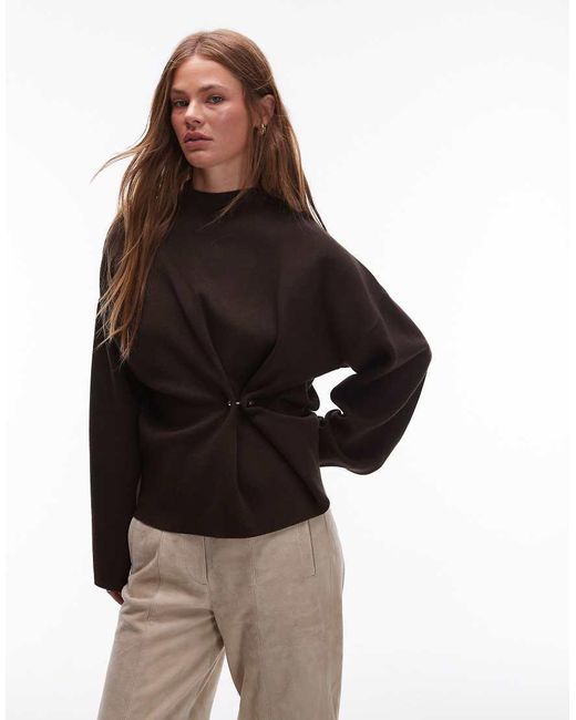 & Other Stories Brown Compact Knit Sweater With Asymmetric Gathered Faux Amber Stone Detail