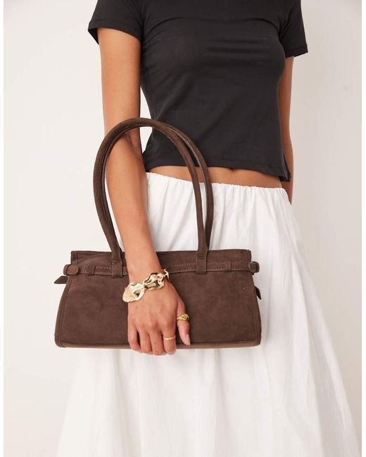 Gina Tricot Brown Faux Suede Buckle Bowling Shoulder Bag With Long Handles