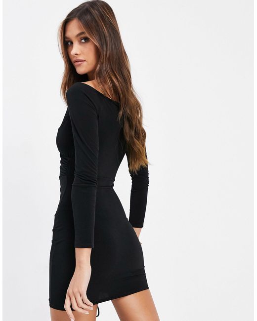 Flounce London Bardot Bodycon Mini-jurk Met Rimpeleffect in het Black