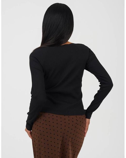Brave Soul Black Ribbed Long Sleeve Top With Lace Trim