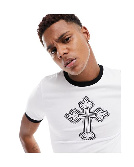 T-shirt attillata bianca con stampa di croce sul davanti e righe a contrasto sui bordi di ASOS in White da Uomo