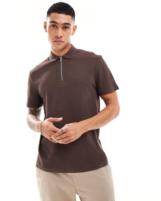 ASOS Brown Waffle Polo With Zip for men