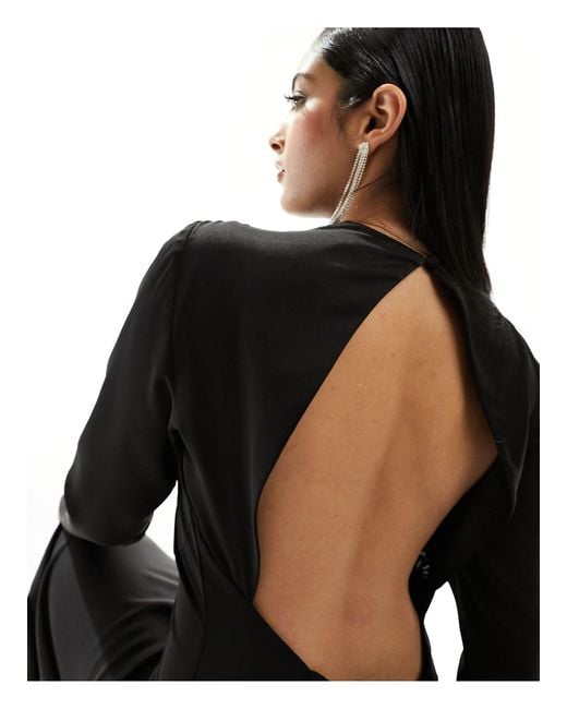 ASOS Black Satin Long Sleeve Maxi Dress With Sheer Panel Detail