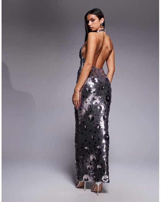 Oh Polly Gray Flower Sequin Maxi Dress