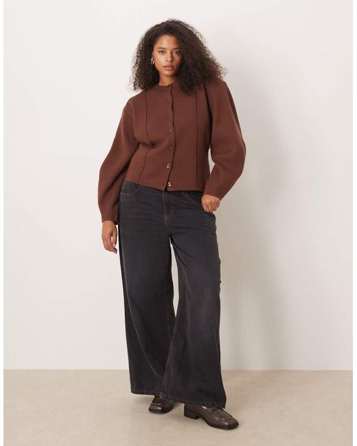 ASOS Brown Asos Design Curve Structured Shoulder Pad Waisted Crew Neck Cardigan