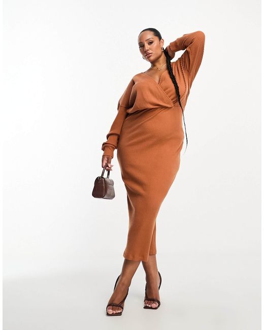 Asos design curve robe portefeuille mi longue en tissu cotele ultra doux avec manches longues rouille ASOS en coloris Marron Lyst