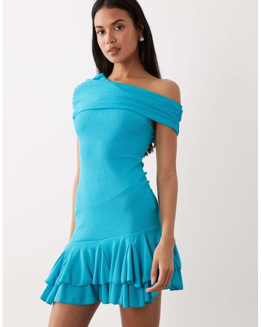 Kaiia Foldover Detail Off One Shoulder Asymmetric Frill Hem Mini Dress in Blue