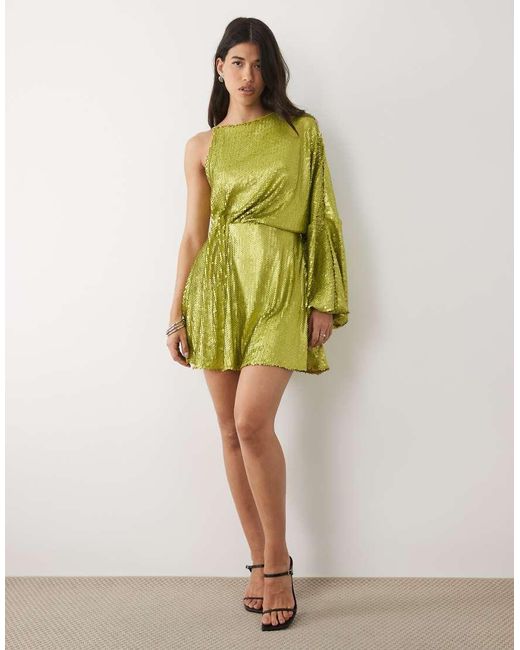 ASOS Green Sequined One Sleeve Draped Mini Dress