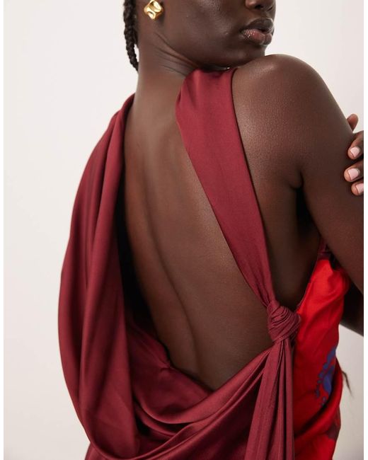 ARRANGE Red Scarf Neck Draped Midi Dress With Low Back