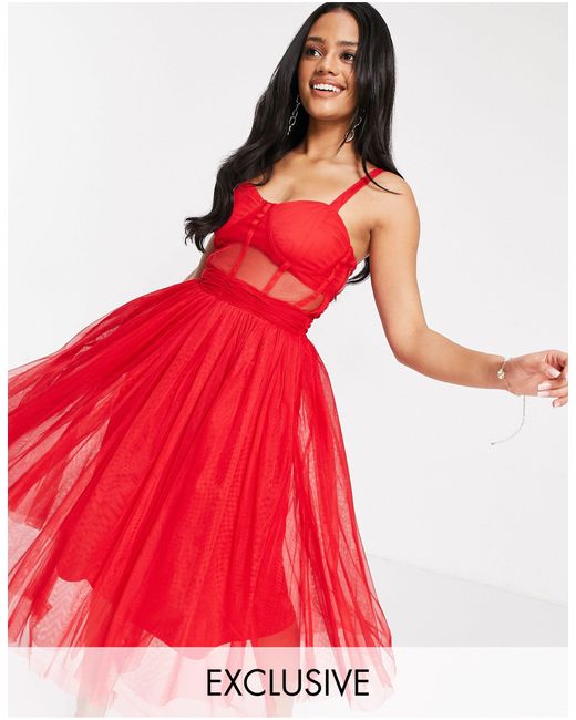 LACE & BEADS Red Exclusive Prom Midi Dress With Mesh Corset Waist Detail