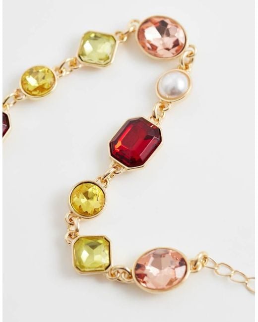 Reclaimed Vintage Metallic Gem Stone Bracelet With Pearl Detail
