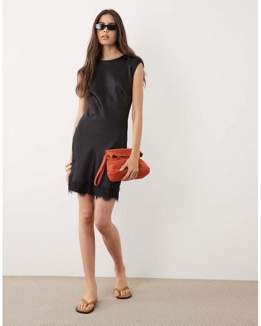 ASOS Black Asos Design Tall Slash Neck Satin Mini Dress With Lace Hem