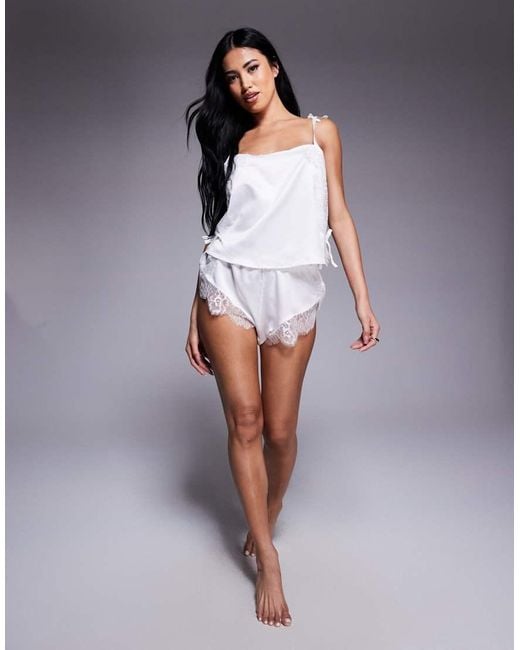 River Island White Satin Lace Cami And Short Set