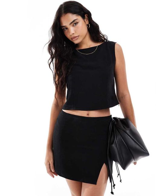 ASOS Black Linen Blend Slash Neck Fitted Top Co Ord