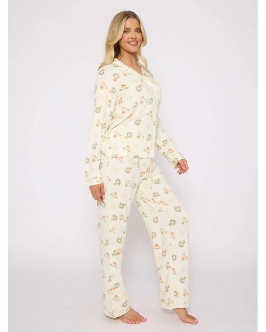 Loungeable White Neutral Christmas Button Shirt And Long Pant Pyjamas Set