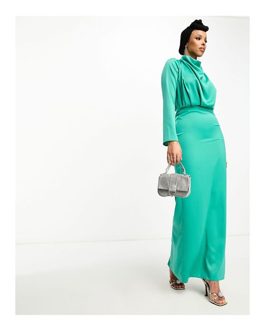ASOS Green Modest Satin High Neck Pleat Detail Maxi Dress With Long Sleeves
