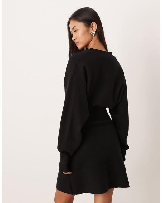 Gina Tricot Black Long Bell Sleeve V Neck Mini Knitted Button Dress
