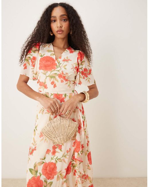 Y.A.S Pink Wrap Front Fluted Sleeve Chiffon Maxi Dress
