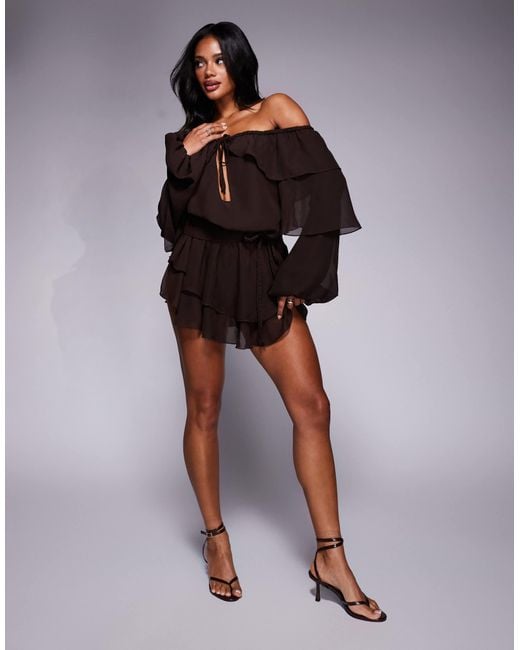 chiffon bardot ruffle tiered dress Murci Chiffon Bardot Tiered Ruffle Mini Dress in Brown