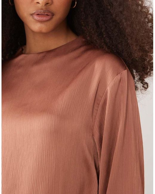 Iyal Brown Hammered Satin High Neck Long Sleeve Tunic Top Co-ord