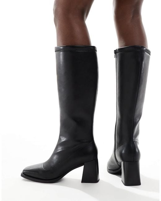 London Rebel Black Isla Block Heeled Knee Boots