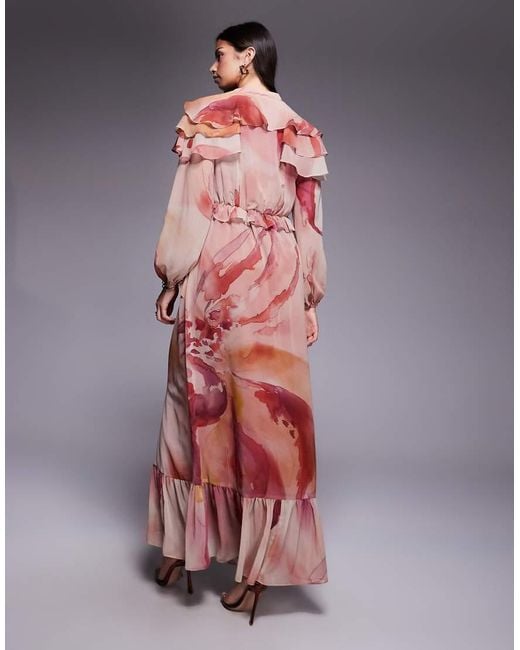 DASKA Multicolor Chiffon Ruffle Caped Maxi Dress