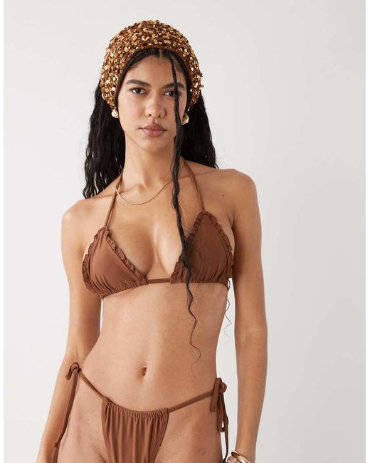 Reclaimed Vintage Brown Tie Back Triangle Bikini Top With Frills
