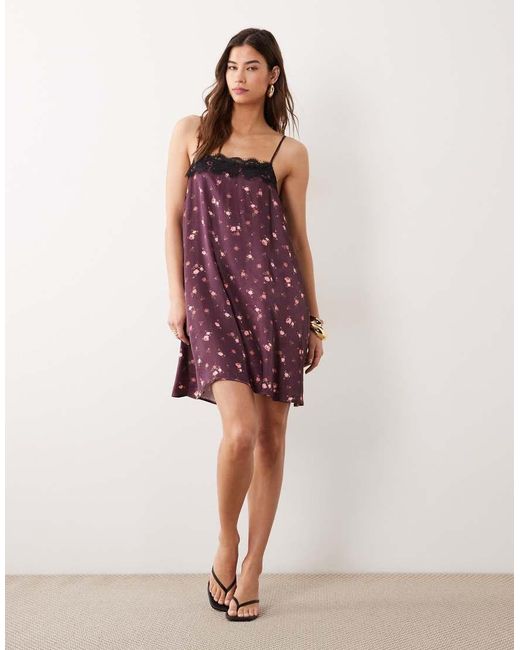 Miss Selfridge Purple Satin And Lace Trim Cami Mini Dress