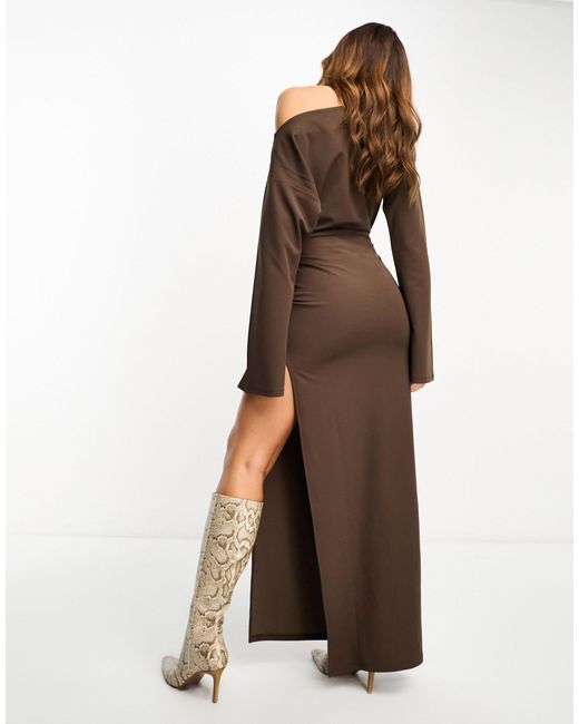 NA KD X Hanna Schonberg Draped Neck High Slit Maxi Dress in Brown
