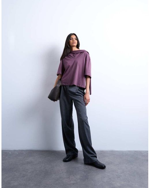 TOPSHOP Purple Scarf Neck Detail Drop Shoulder T-shirt