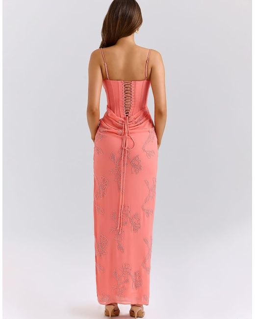 House Of Cb Red Carmella Coral Embellished Hand Beaded Maxi Dress