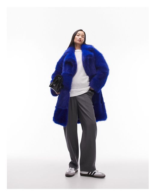 TOPSHOP Blue Long-line Faux Fur Coat