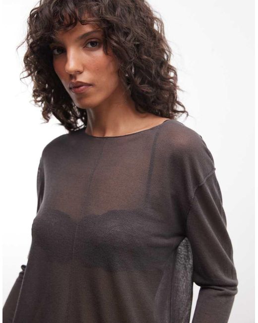 Weekday Brown Slash Neck Sheer Knit Top With Front Seam Detail