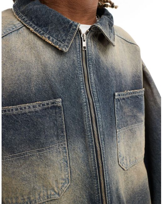 Unisex - giacca di jeans unisex oversize con chiusura zip lavaggio acido di Collusion in Blue