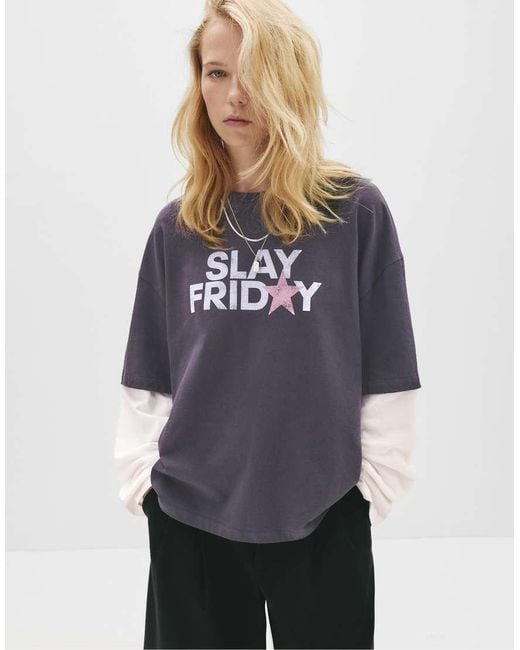 Pull&Bear Gray Double-layer Sleeve Graphic T-shirt