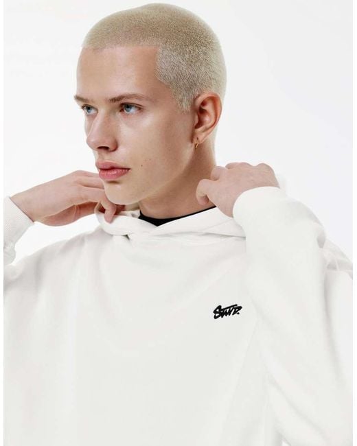 Pull&Bear White Stwd Embroidered Logo Hoodie for men